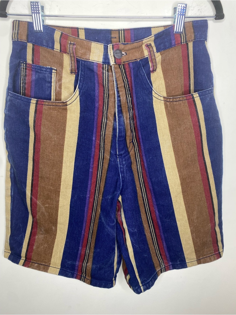 Vintage Size Medium Multicolor Striped Jean Mom Shorts Blue, Brown, Yellow, Red